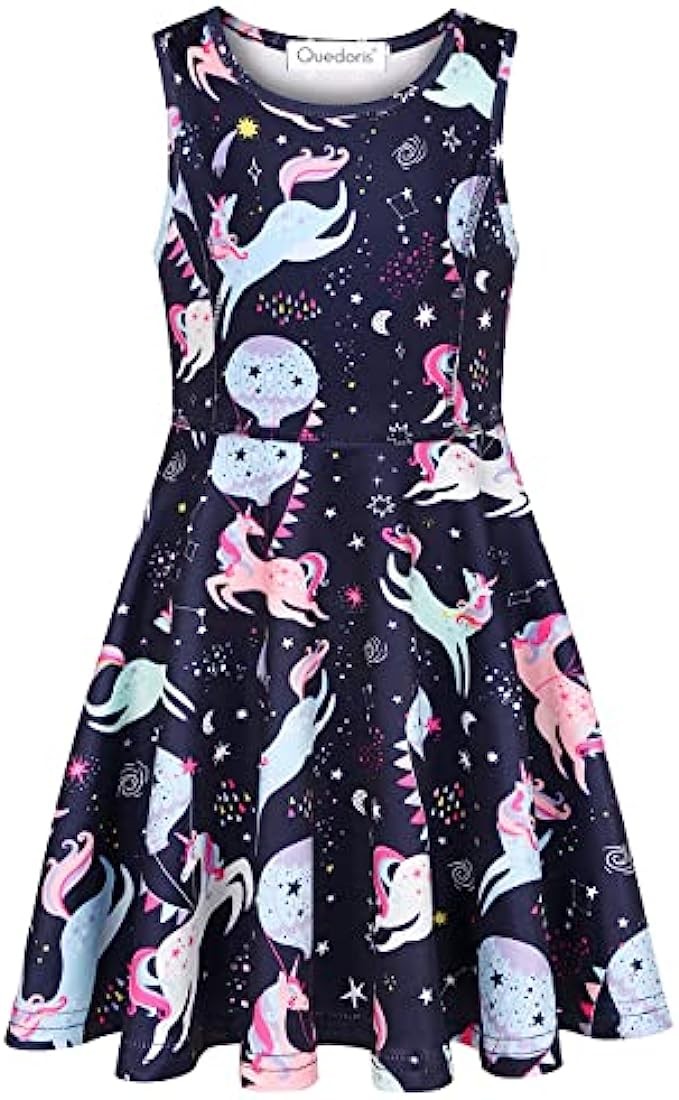 Quedoris Girls Dress Unicorn Printed Casual Party Twirly Dress for Kids in 2t to 10 Years